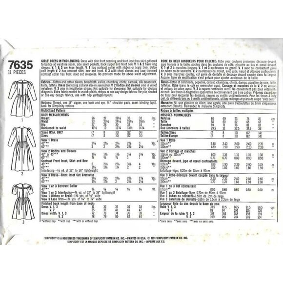 Simplicity Sewing Pattern 7635 Girls Dress Size 7-10 Bow Front - Picture 2 of 2